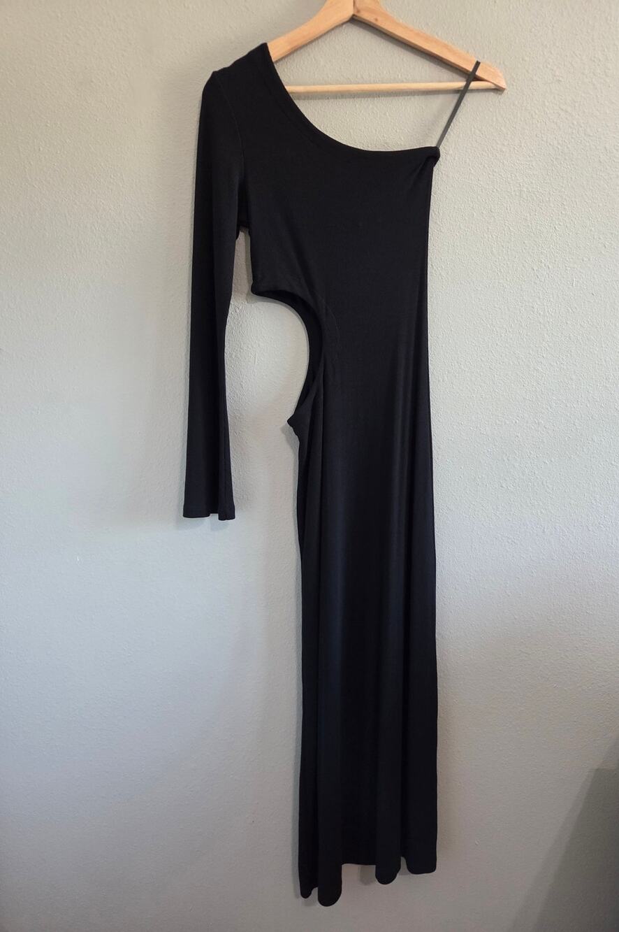 LNA Darby One Shoulder Ribbed Dress Cutout Midi-to-Maxi Black XS NWT